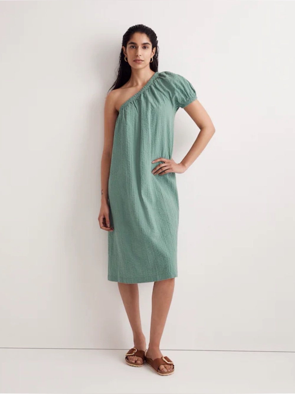 Madewell Seersucker One-Shoulder Puff-Sleeve Midi Dress